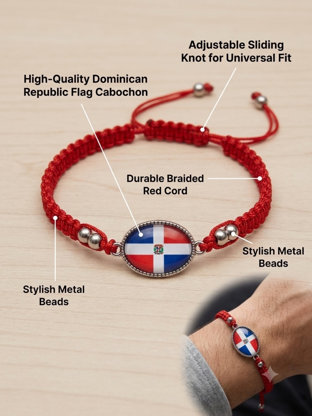 Dominican Republic Flag Braided Red Cord Bracelet Adjustable Patriotic unisex